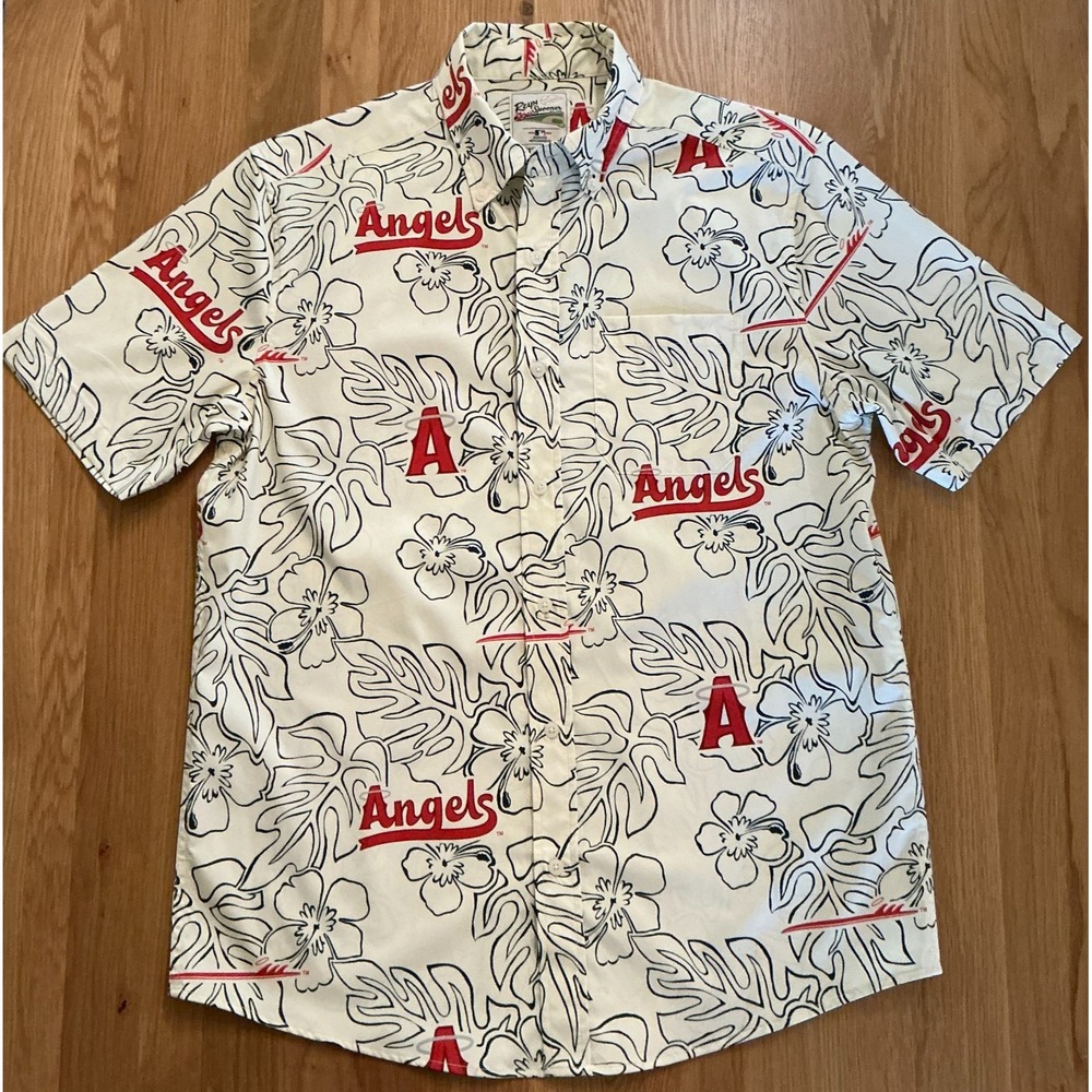 Reyn Spooner MLB Angels Shirt Men's Small Spooner Kloth AOP Off-White‎ Hawaii